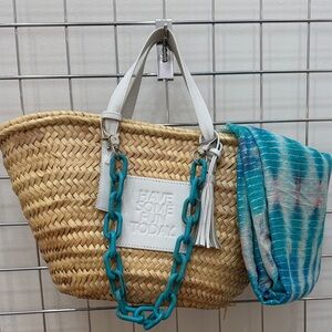 Straw Tote Bag with White Trim and Teal Chain - Have Some Fun Today